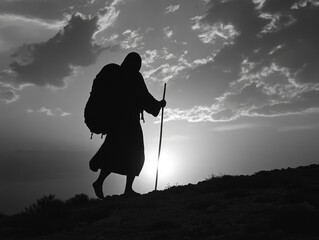 Monk hikes up mountain during sunrise, symbolizing journey towards enlightenment.