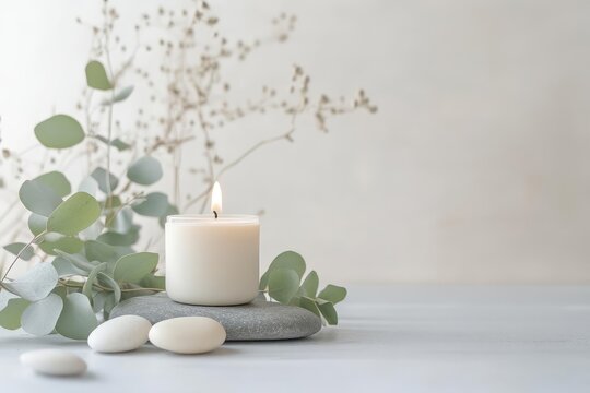 Fototapeta serene minimalist spa setting with sage candle river stones and eucalyptus leaves