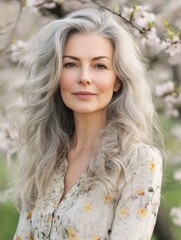 Fototapeta premium Mature woman with grey hair wearing a floral blouse in an outdoor springtime setting, under blossoming trees. She has a smiling expression and appears to be enjoying the natural beauty around her.