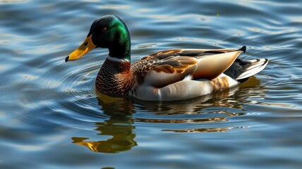 Obraz premium Mallard duck swimming gracefully in a serene lake surrounded by nature during a sunny afternoon
