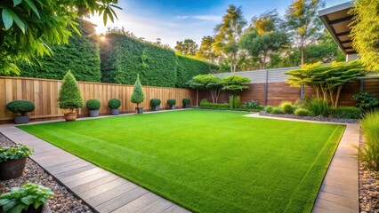 Fototapeta premium Lush Green Turf Installation in Residential Backyard Garden, outdoor space, nature