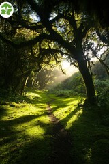 Fototapeta premium Sunlit Path Through Moss Covered Forest Canopy