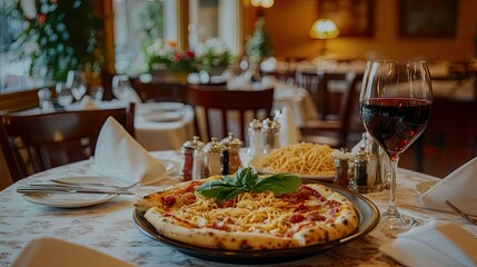 Fototapeta premium A vibrant Italian dining setup with fresh pasta, pizza, risotto, and a glass of red wine.
