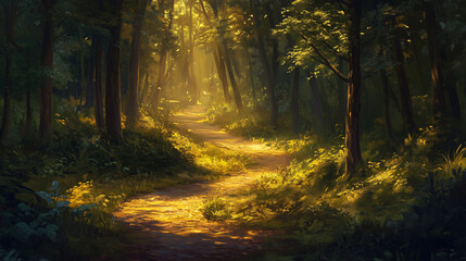 Obraz premium Winding Forest Path Illuminated by Sunlight in a Picturesque Woodland Setting. Generative AI