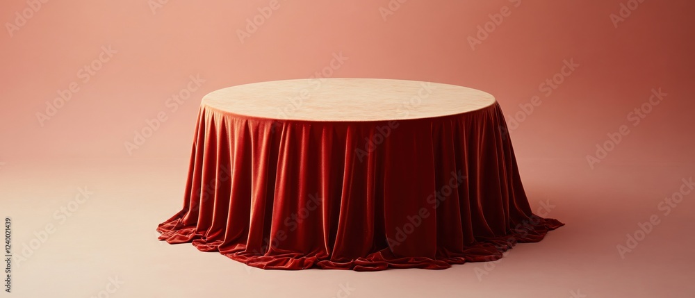 Poster elegant round table with a red velvet cloth against a soft pink backdrop for product display