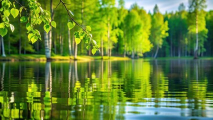 Birch leaves floating on calm lake surface with reflection of trees in water, surrounded by lush greenery and serene atmosphere , outdoor, forest