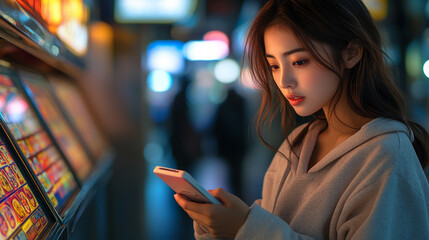 A sexy, beautiful young Asian female gamer immersed in cyber technology, with a gaming device in hand. Modern blurred background creates an empty caption space for personalization