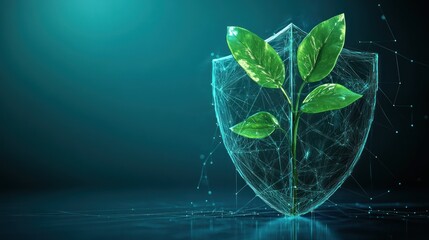Green sprout protected by shield; environmental concept