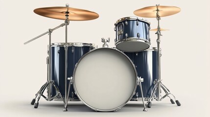 Elegant drum kit with shiny cymbals and dark blue shells on a plain light background