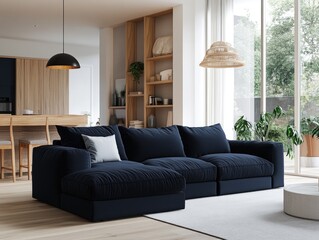 Fototapeta premium A large black couch is the centerpiece of a living room with a white wall and wooden floors. The room also features a dining table, chairs, and potted plants. Scene is cozy and inviting