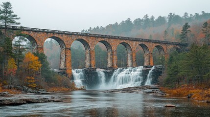 Stone bridge, autumn waterfall, misty forest