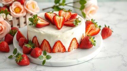 Delicious strawberry cake decorated with fresh berries and roses on a marble surface in a bright kitchen setting