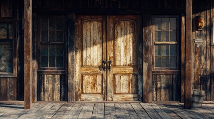 Fototapeta premium The front door of a house is made of wood and has a black handle. The door is open and the inside of the house is not visible. Scene is old and rustic, with the wooden door