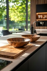 Wooden bowls on a modern kitchen counter near a window