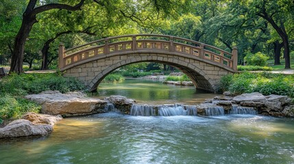 Stone bridge, park stream, tranquil scene, summer