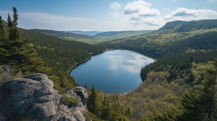 Serene Mountain Lake Valley Landscape Bright Blue Sky and Fluffy Clouds