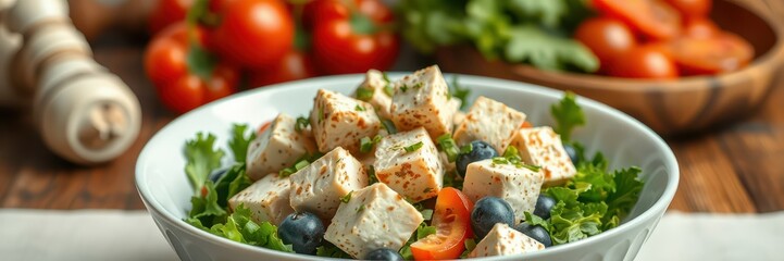 Healthy salad with fresh ingredients featuring tofu, tomatoes, blueberries, and greens on a wooden table in natural light