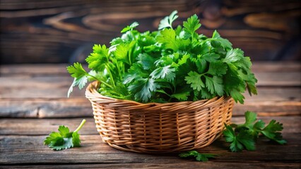 Fototapeta premium Fresh green coriander leaves arranged in a decorative basket
