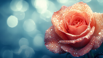 Dew-Kissed Coral Rose: A single coral rose, glistening with morning dew, is captured in exquisite detail against a soft-focus bokeh background.
