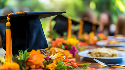 Colorful graduation caps and festive decorations set a celebratory atmosphere outdoors.