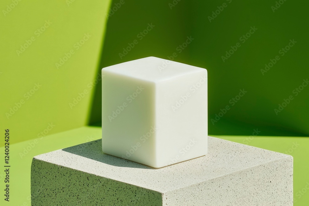 Poster white cube resting on a concrete block against a green background