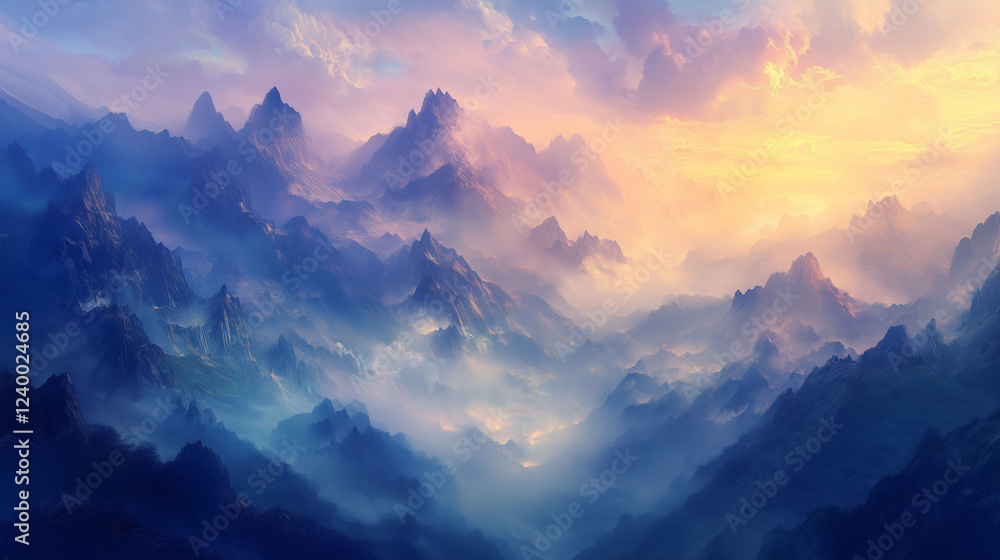 Poster panoramic view of majestic mountain range at dawn showcasing soft light and ethereal mist. generativ