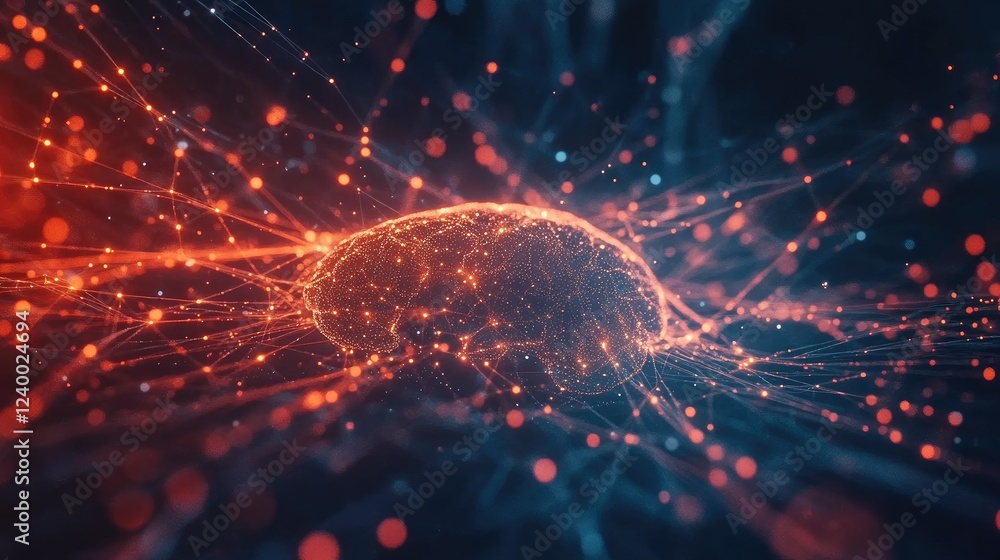 Poster abstract digital brain with neural connections and holographic technology elements.