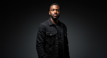 Fototapeta premium Portrait of a Confident Young Man in Casual Black Attire Standing Against a Dark Background, Perfect for Lifestyle, Fashion, and Personal Branding.