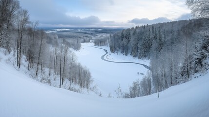 Panoramic Winter Lake Landscape Snow Covered Pine Trees and Cloudy Sky
