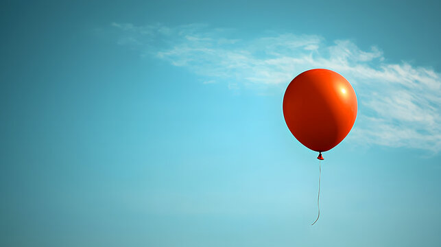 Orange Balloon Ascending: A vibrant orange balloon floats serenely against a clear blue sky, a simple yet evocative image representing freedom, dreams, and aspirations. - Powered by Adobe