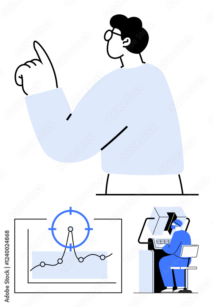 Poster person pointing upward, chart with a targeting indicator, and individual at a desk with a computer. 