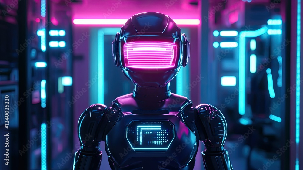 Poster ai-powered humanoid robot with a glowing digital interface and futuristic tech background.