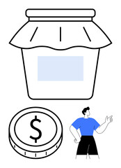 Large jar with lid representing storage, coin showing a dollar sign, person gesturing ideas. Ideal for finance, savings, investment, budgeting, concepts, money management abstract line flat metaphor