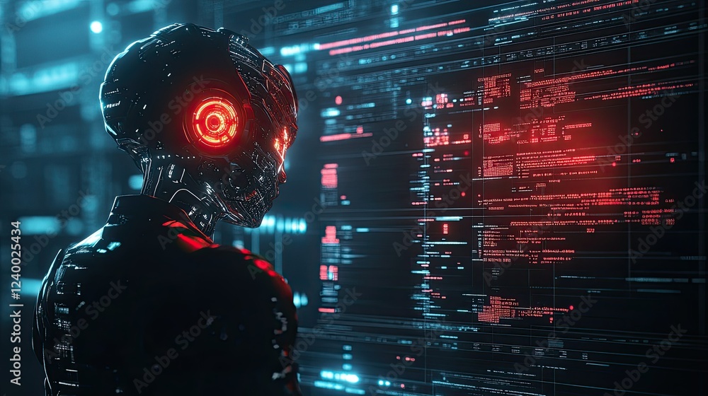 Poster ai-powered humanoid robot with a glowing digital interface and futuristic tech background.