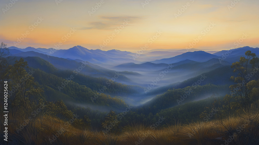 Poster majestic dawn over a serene mountain range with misty valleys and soft light. generative ai