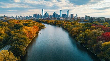 Philadelphia aerial capture highlighting the Schuylkill River lined with autumn foliage