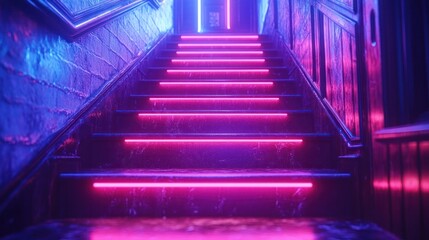 Neon Staircase, Pink, Blue, Mansion, Night, Ascent
