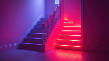 Fototapeta premium Neon stairs, home interior, vibrant lighting, design