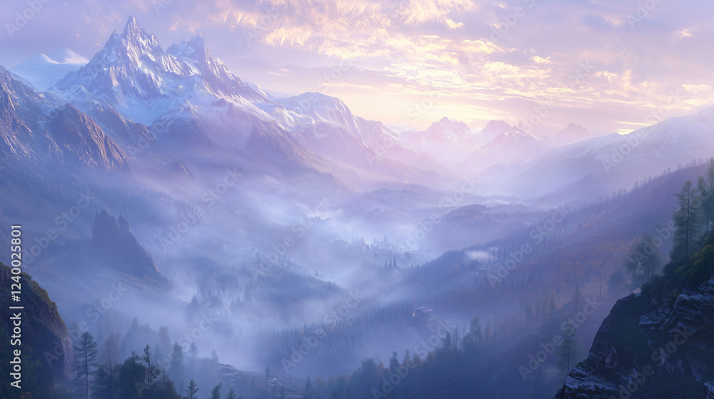 Poster stunning panoramic view of a mountain range at dawn with mist rolling through the valleys. generativ