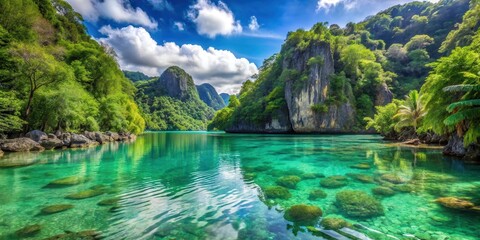 Serene landscape of Bonito with lush greenery and crystal clear waters, surrounded by majestic cliffs and towering trees