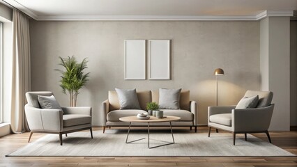 Minimalist living room with a sleek coffee table and two comfortable armchairs in neutral tones, minimalist decor, modern furniture