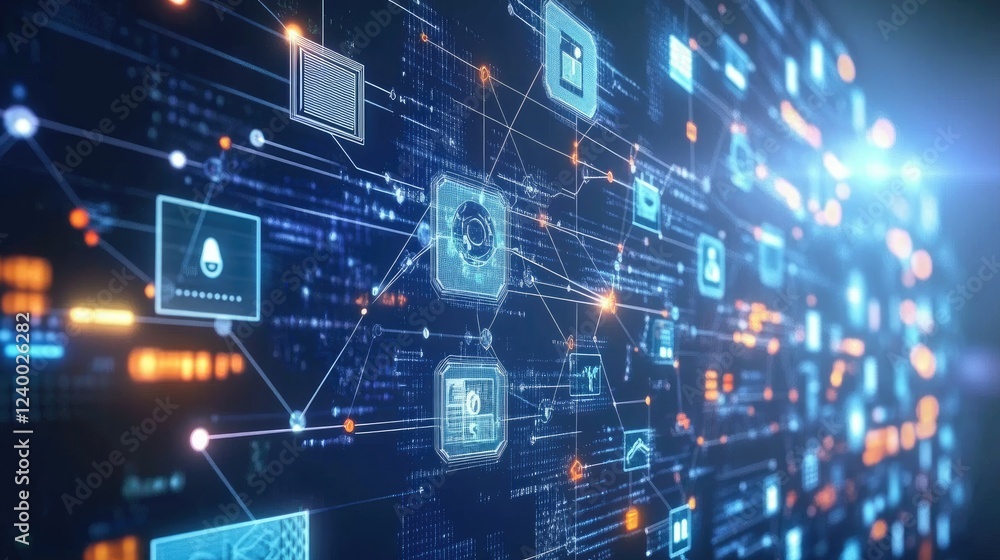 Poster digital finance concept with floating cryptocurrency symbols and blockchain network connections.