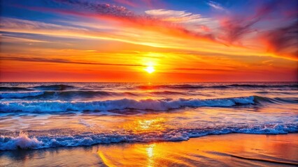 Vibrant hues of orange and pink dance across a clear blue sky, as the sun sets over the ocean