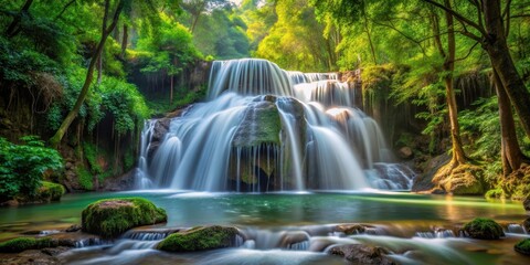Obraz premium waterfall cascade in forest, serene atmosphere, natural beauty, serene atmosphere