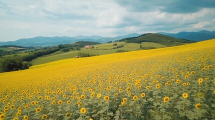 Sunflowers Field, Rolling Hills Landscape Under Partly Cloudy Sky