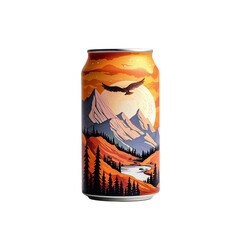 Fototapeta premium A vibrant beer can featuring a scenic landscape with mountains, a river, and a soaring eagle against a colorful sunset.