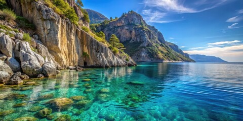 Obraz premium A majestic rocky cliff face rising from the crystal-clear waters of a secluded fjord, with the sound of gently lapping waves in the background , Mediterranean Sea, ocean views