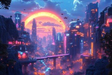 Fototapeta premium Futuristic city sunset, flying vehicles, river valley