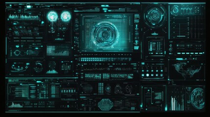 Fototapeta premium Futuristic digital interface with glowing holograms and AI data streams on a dark background.
