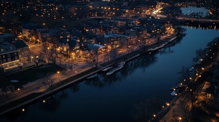 Philadelphia aerial view featuring Boathouse Row along the Schuylkill River at night